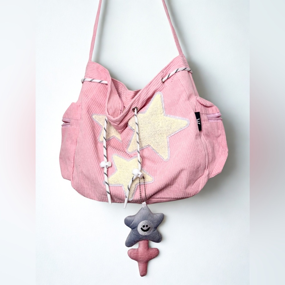 Pink Star Appliqué Corduroy Shoulder Bag Kawaii Tote - Picture 3 of 6